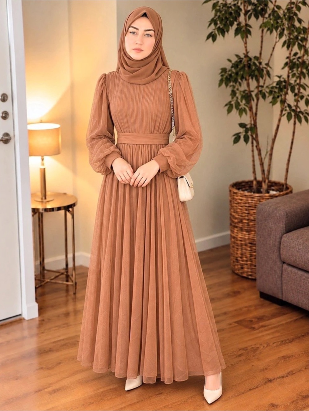Brown Pleated Maxi Dress